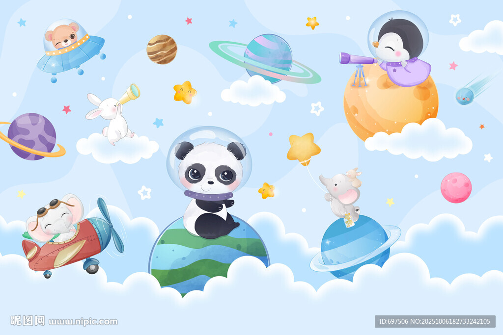 可爱动物宇航员卡通太空星球背景