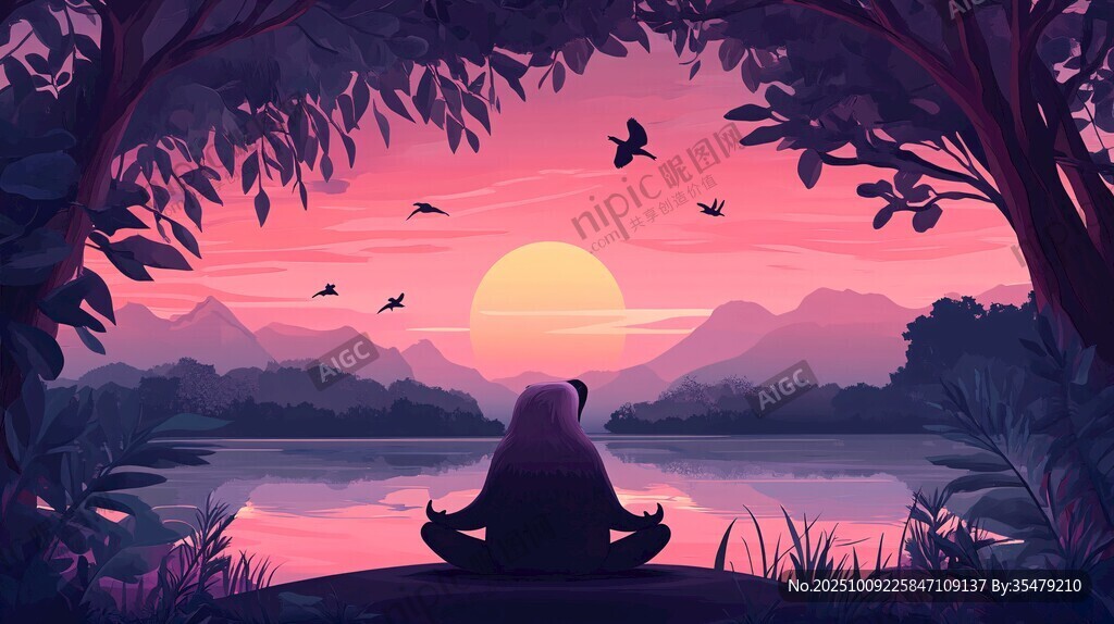 湖畔冥想者的日落时光