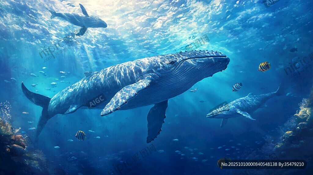 深海鲸鱼与多彩海洋生物