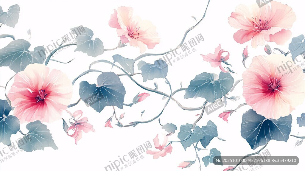 手绘粉色花卉藤蔓图案