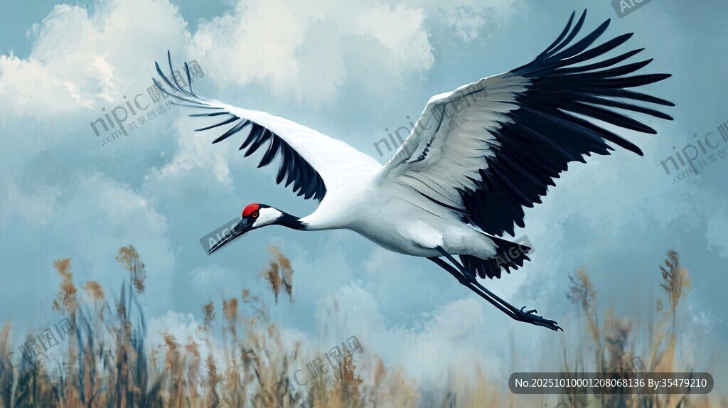 丹顶鹤展翅翱翔于天际