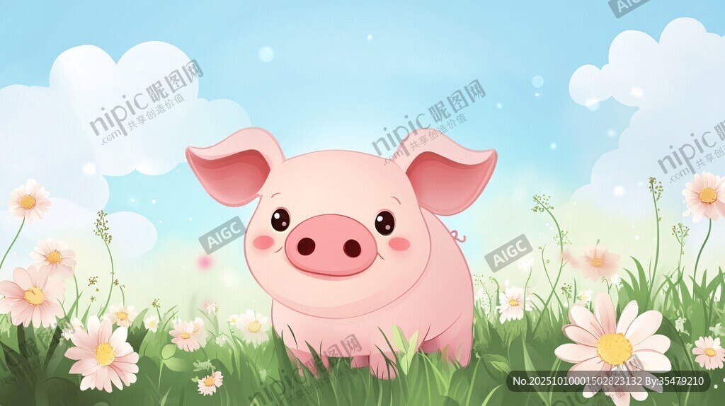 可爱小猪置身烂漫花丛中
