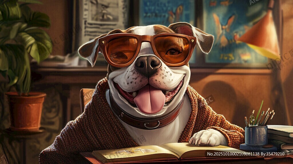 时髦狗狗惬意读书时刻