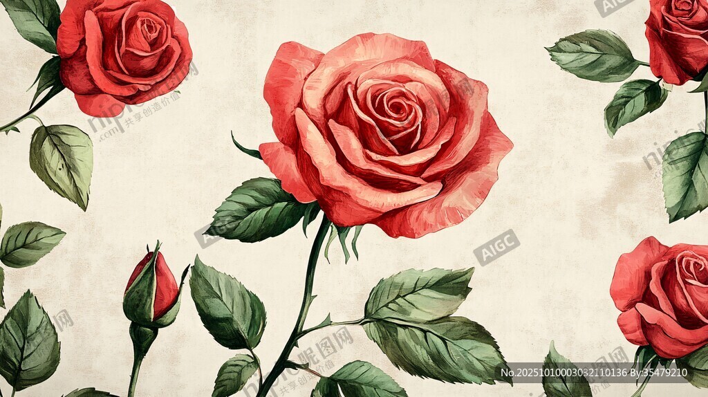 复古红玫瑰花卉图案