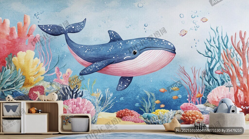 梦幻海底鲸鱼儿童房背景墙