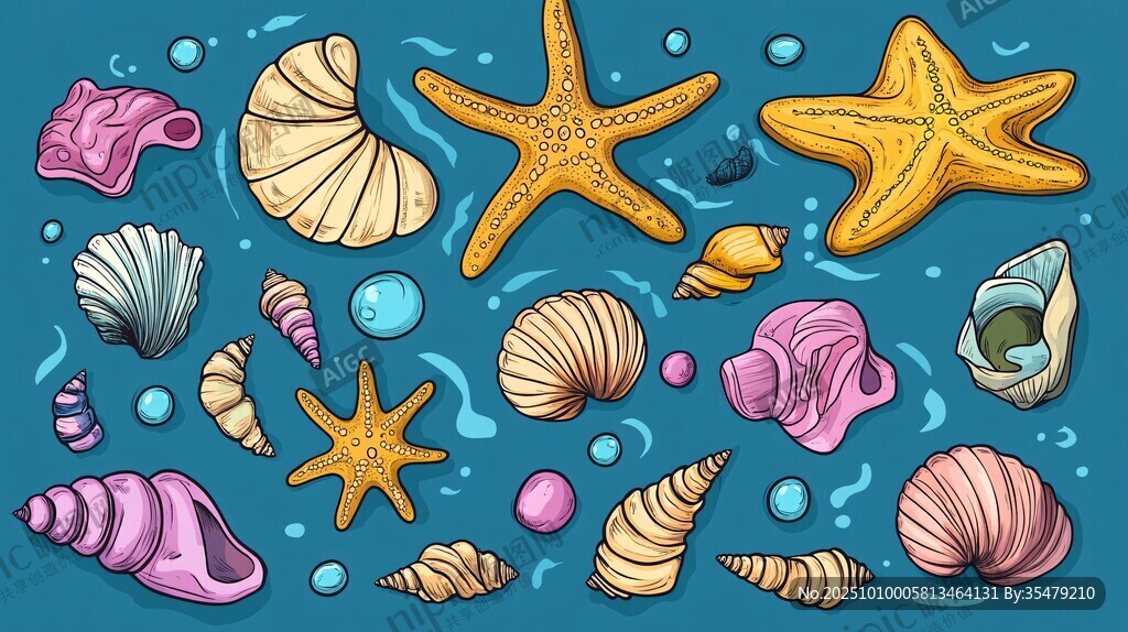 缤纷海洋贝壳与海星插画