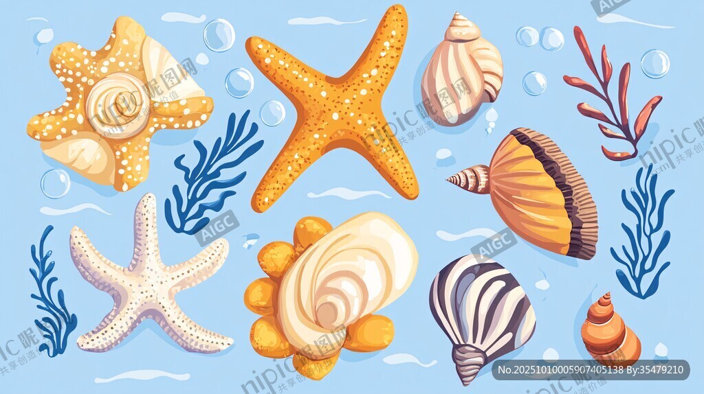 海洋贝壳与海星插画素材