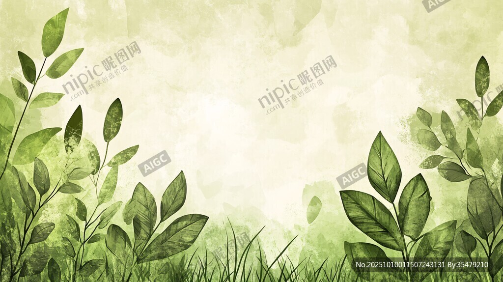 清新绿叶水彩风背景图