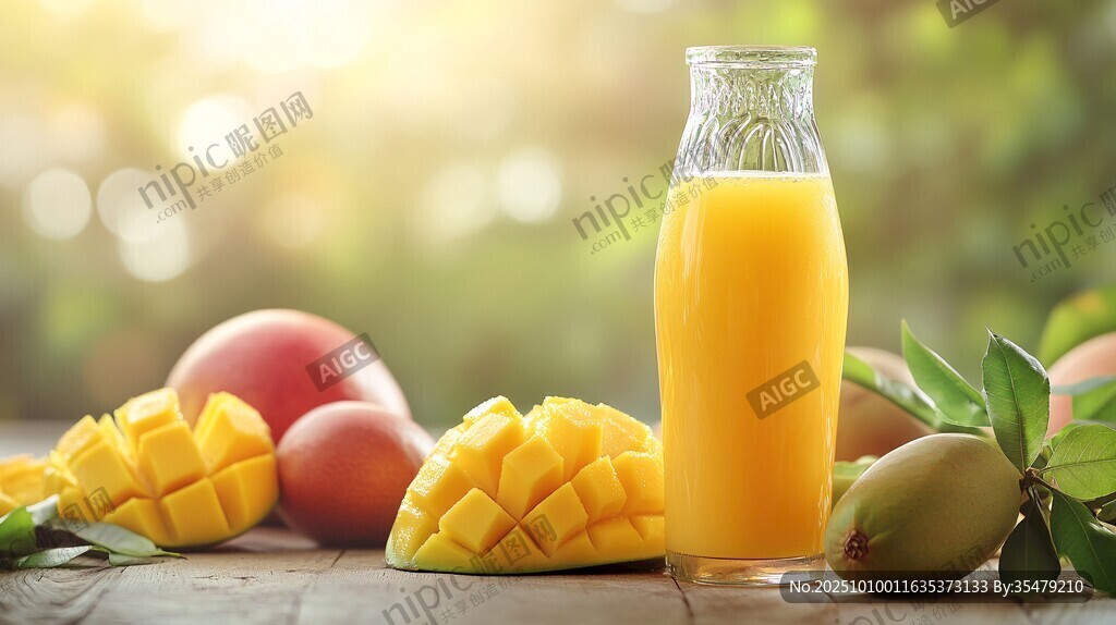 鲜榨芒果汁与多样芒果果实