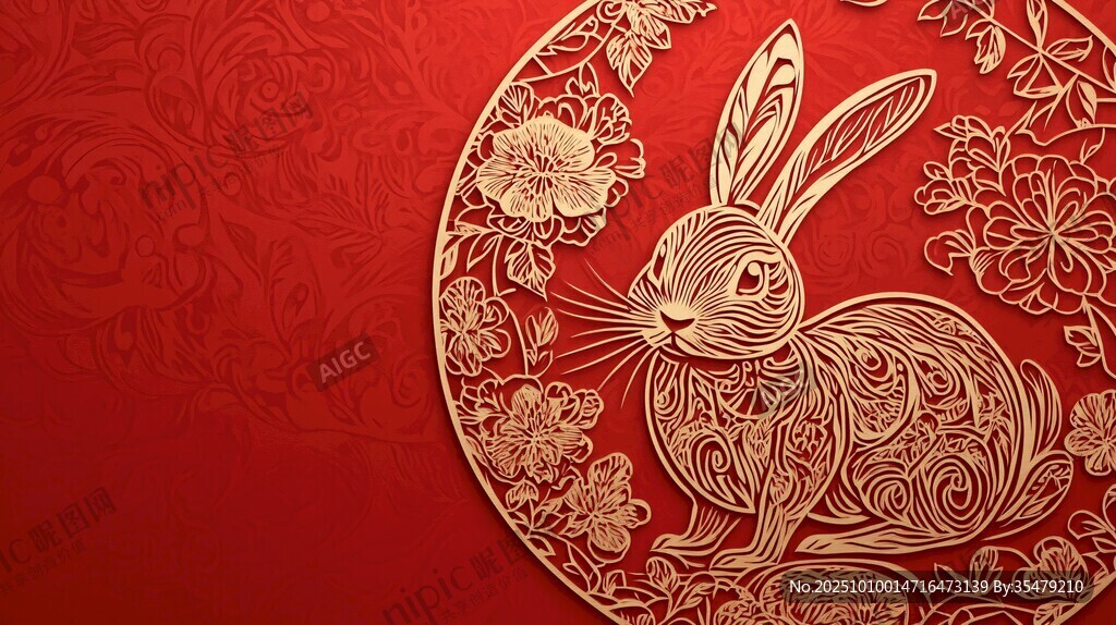 金兔贺岁剪纸风喜庆图案