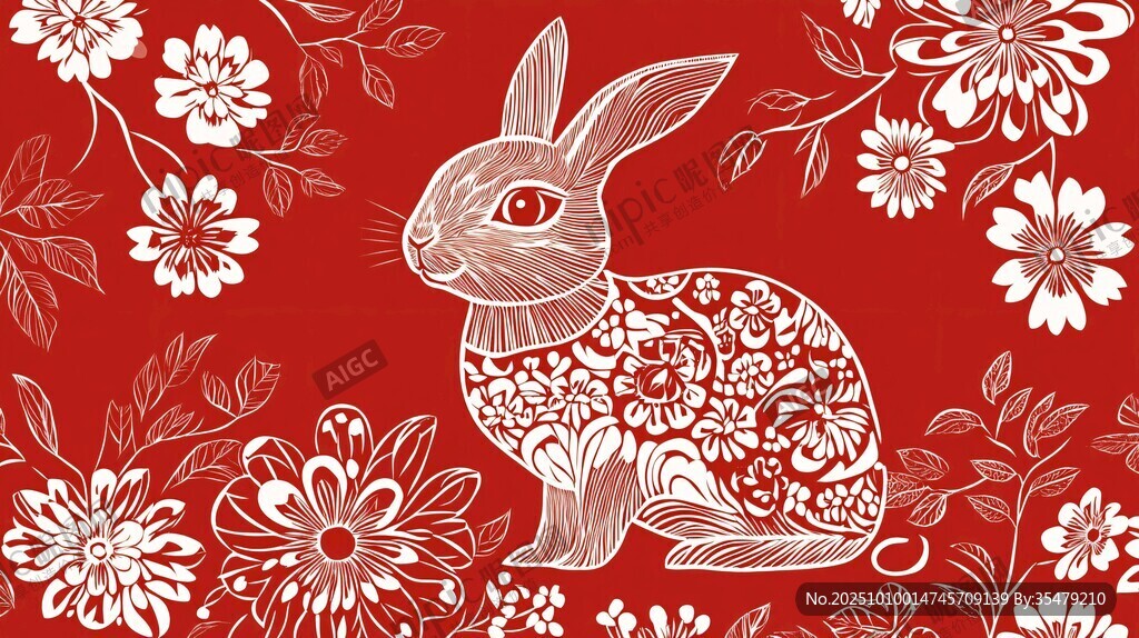 红色花卉间的精致花纹兔子