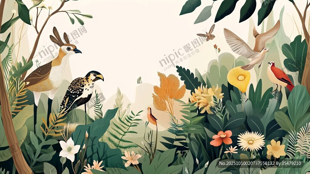 丛林中的多彩鸟类与花卉