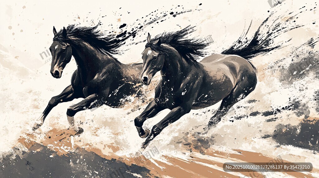 双马奔腾水墨风艺术图