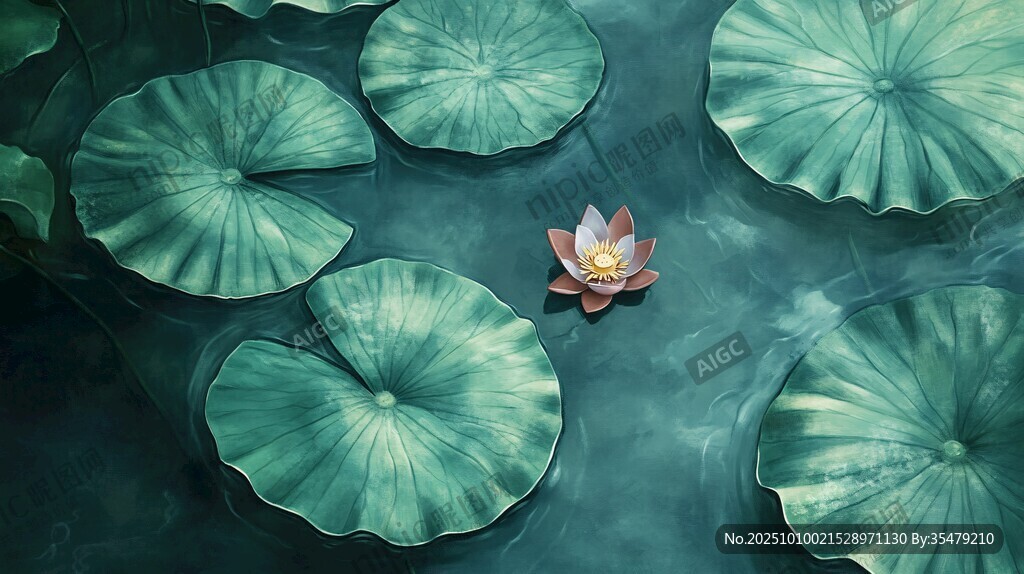 荷塘中的独绽荷花与莲叶