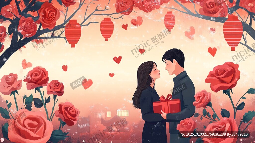 浪漫情侣在玫瑰中甜蜜相拥