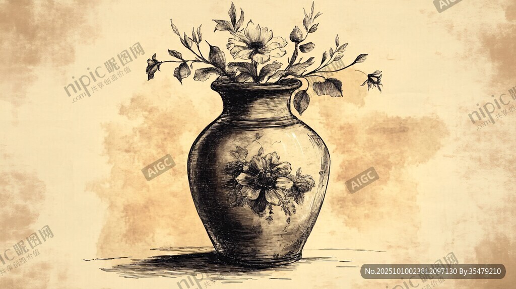 手绘花瓶插着精致花卉