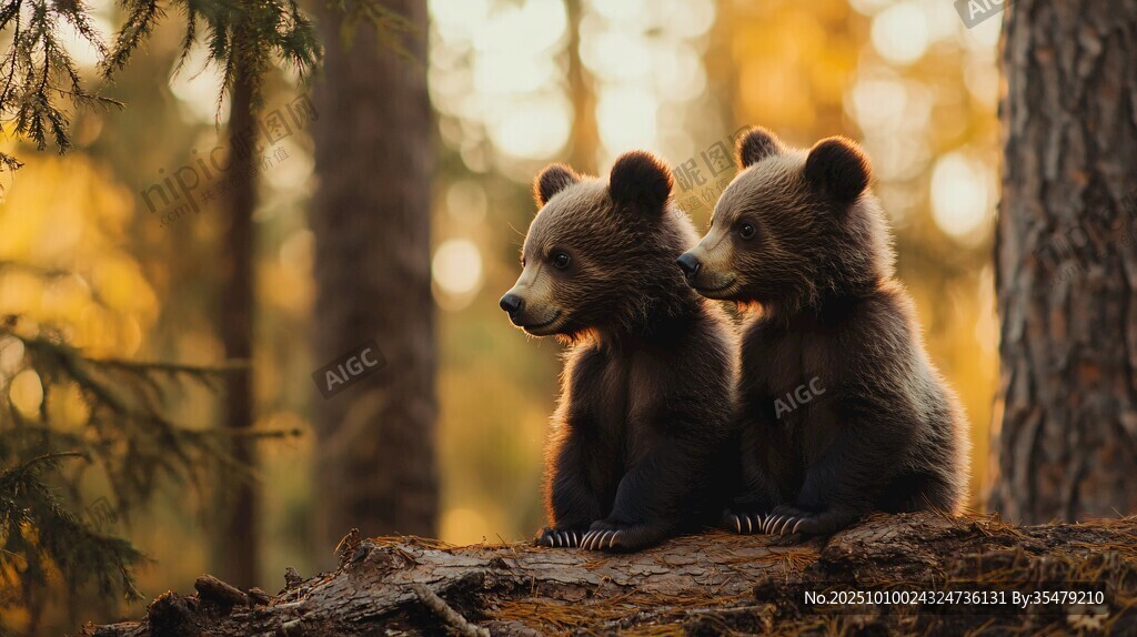 森林中依偎的两只小熊