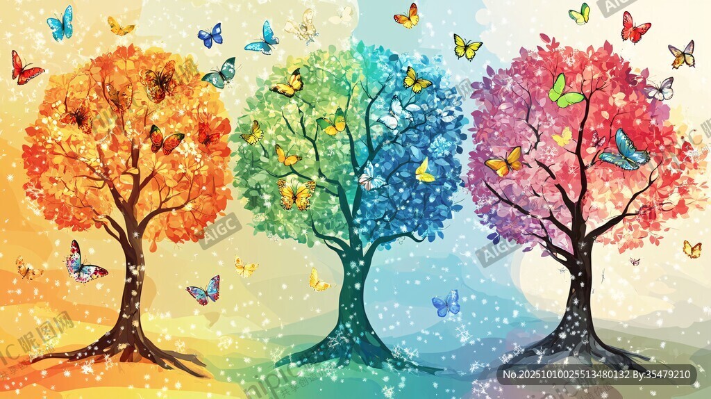 多彩树木与纷飞蝴蝶图景