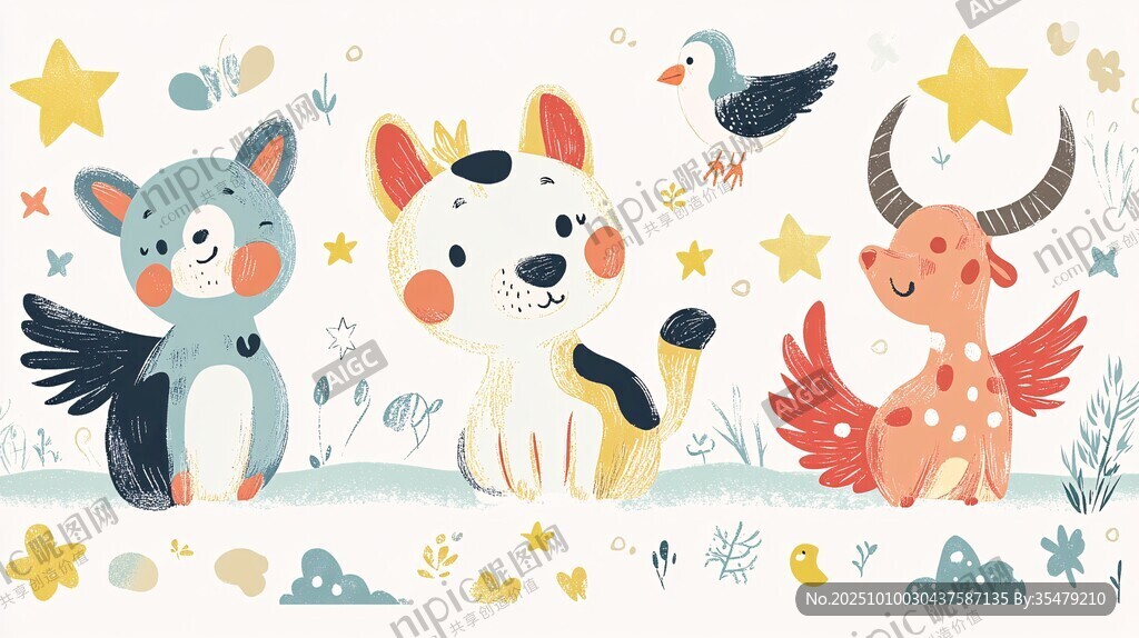 可爱动物梦幻插画