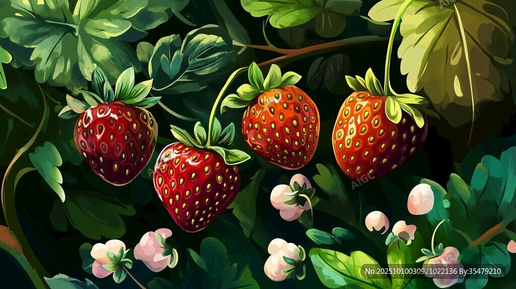 草莓生长于繁茂绿叶间