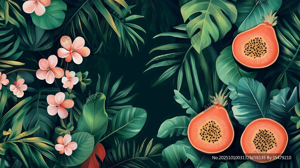 热带风情 木瓜与花叶之美