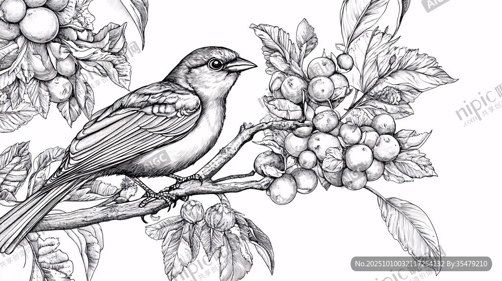 栖息枝头的鸟与累累果实
