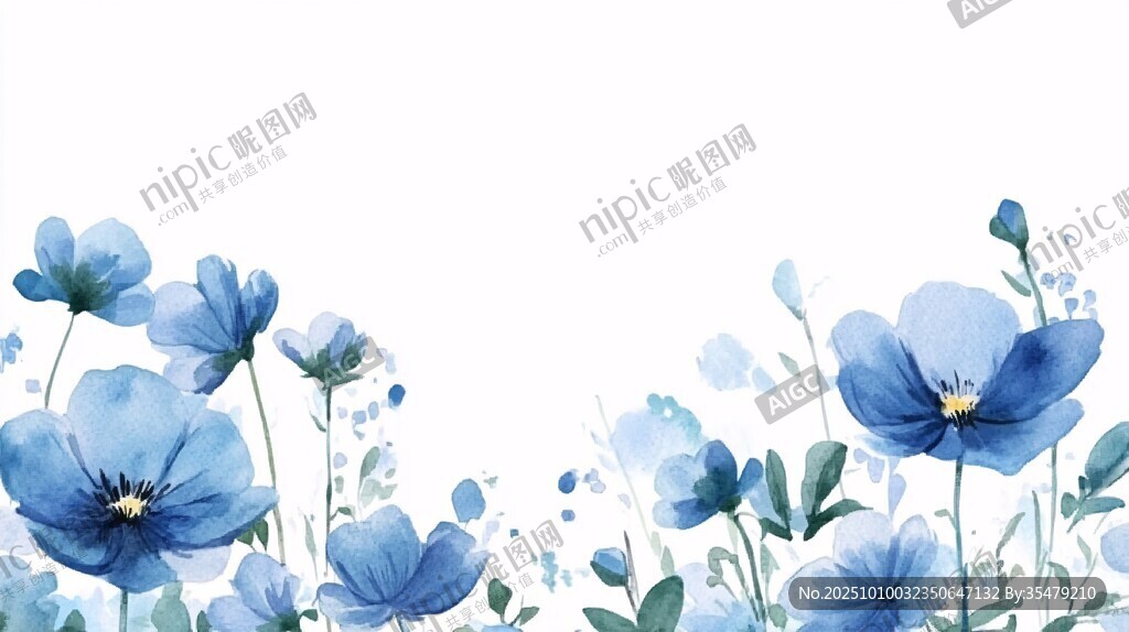蓝色花卉边框水彩插画