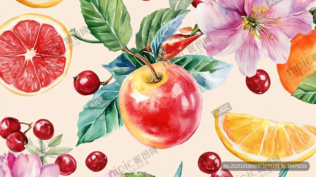 水彩绘缤纷水果花卉图案