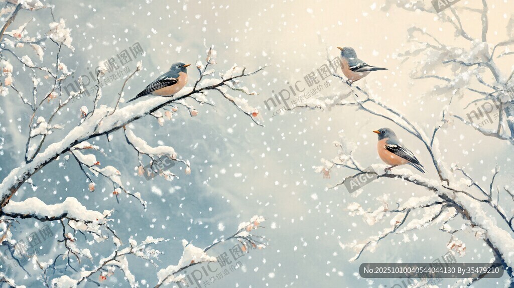 雪枝上的三只灵动小鸟