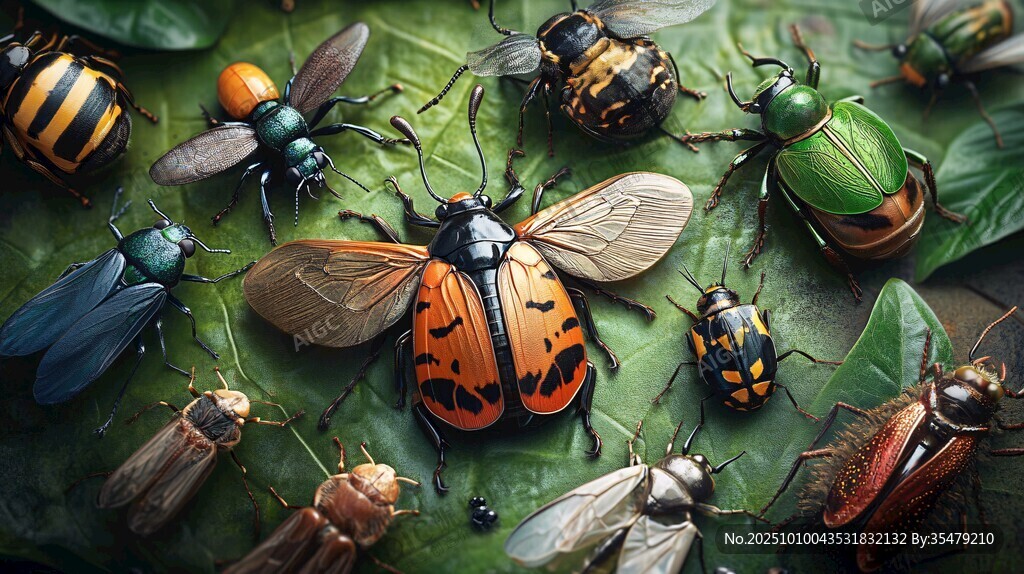 多彩昆虫聚集于绿叶之上