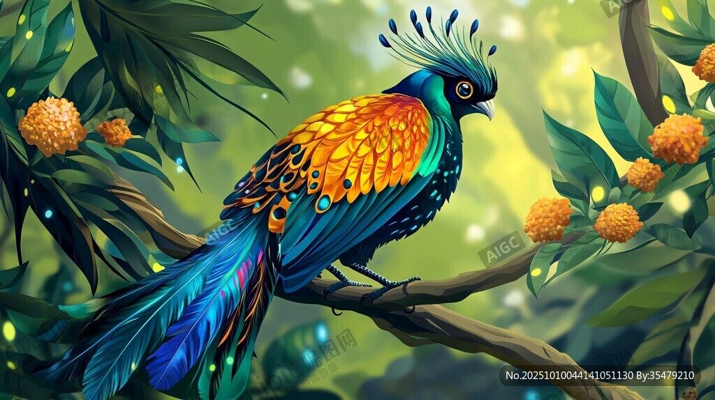 五彩神鸟栖于繁花绿叶间