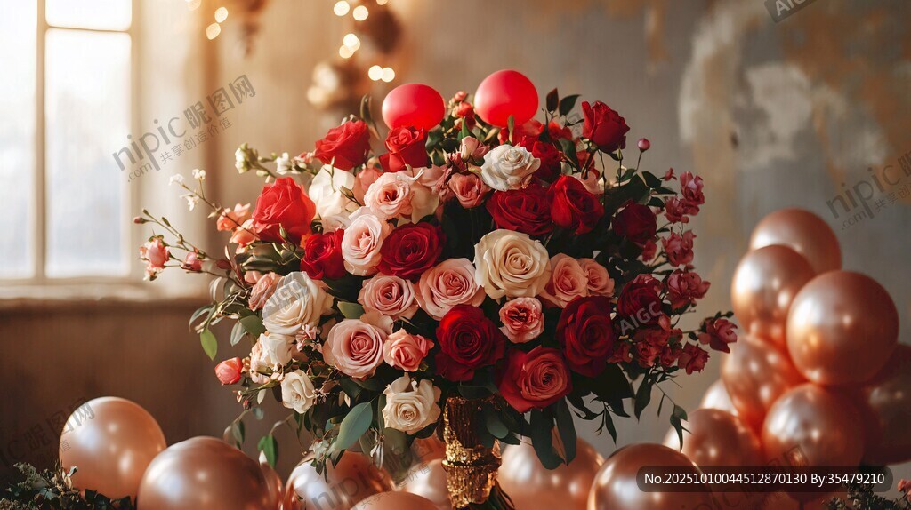 浪漫鲜花与气球装饰场景