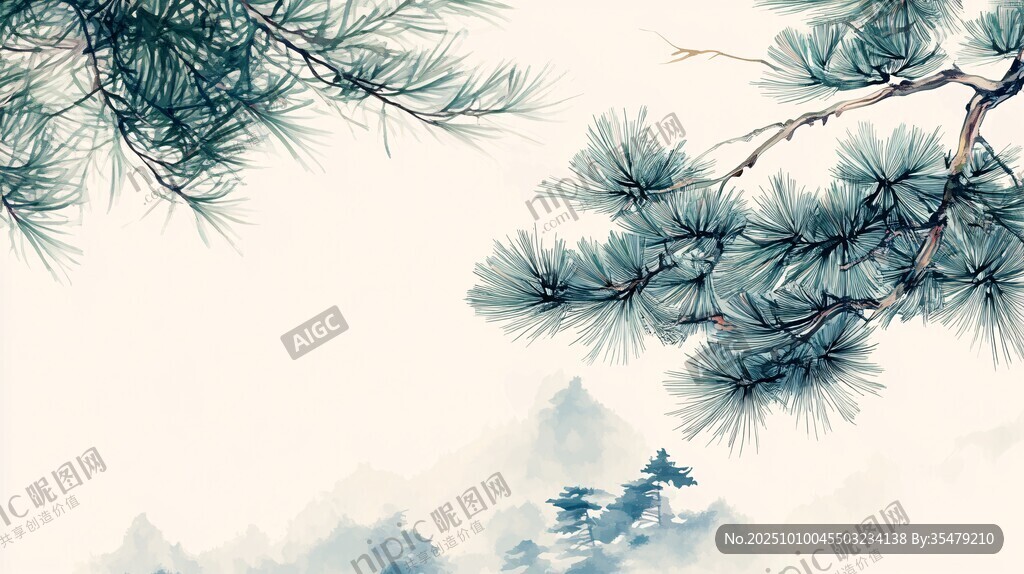 水墨青松图 远山云雾间