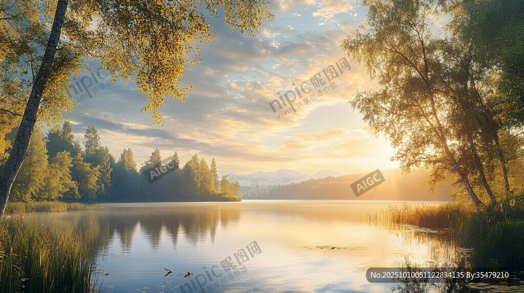 湖畔晨光 静谧自然美景