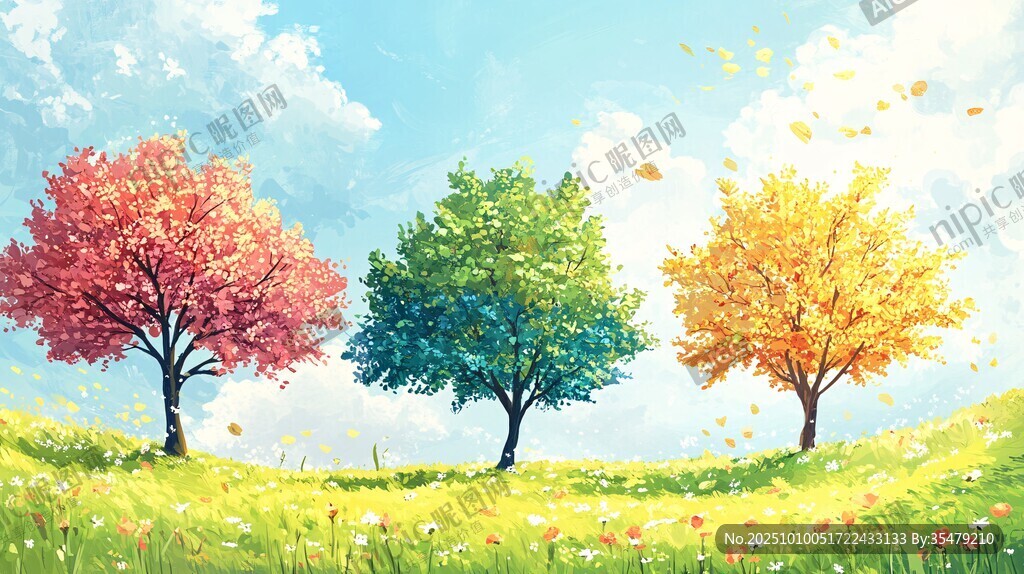 三棵彩树装点的梦幻草地