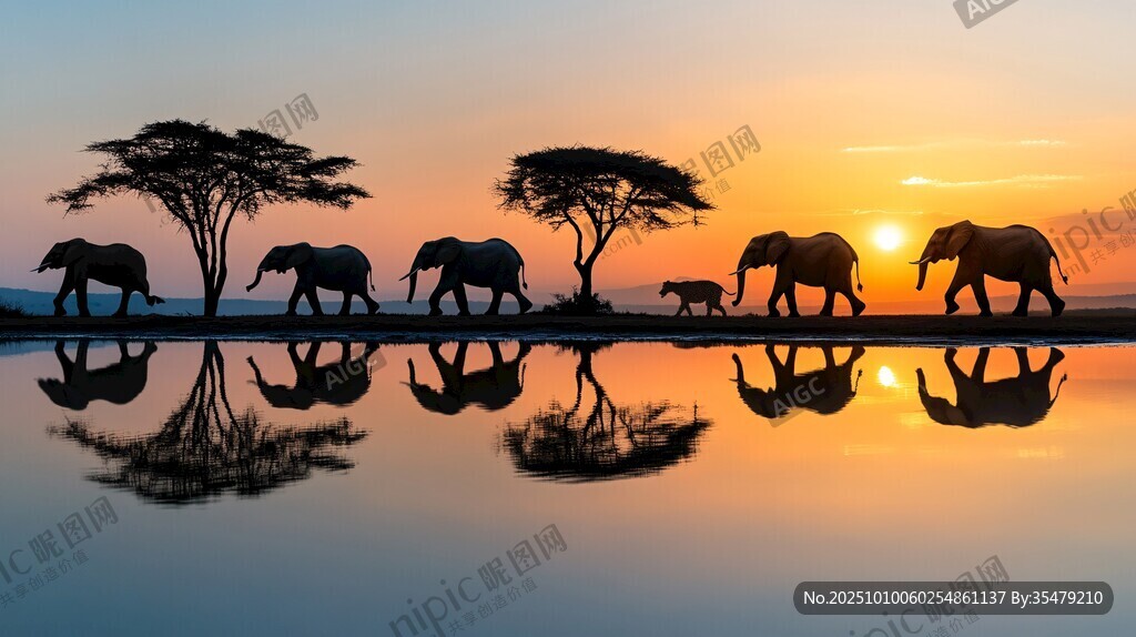 夕阳下大象群的草原漫步