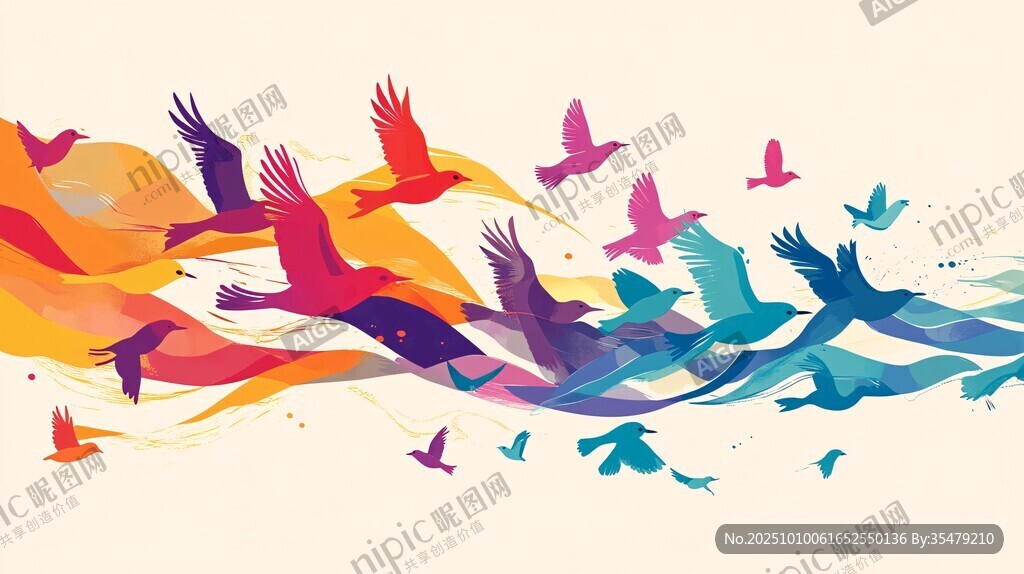 彩色飞鸟群舞绚丽图景