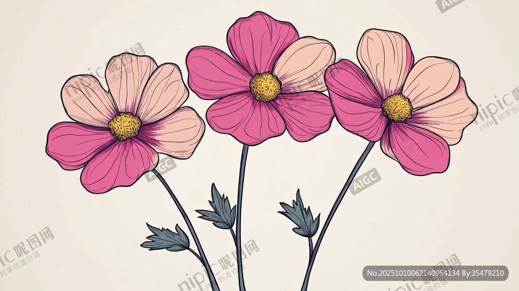 手绘三朵娇艳波斯菊