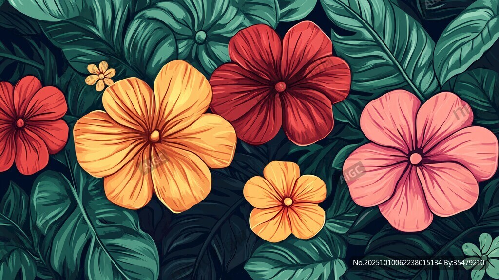 热带花卉与绿叶插画