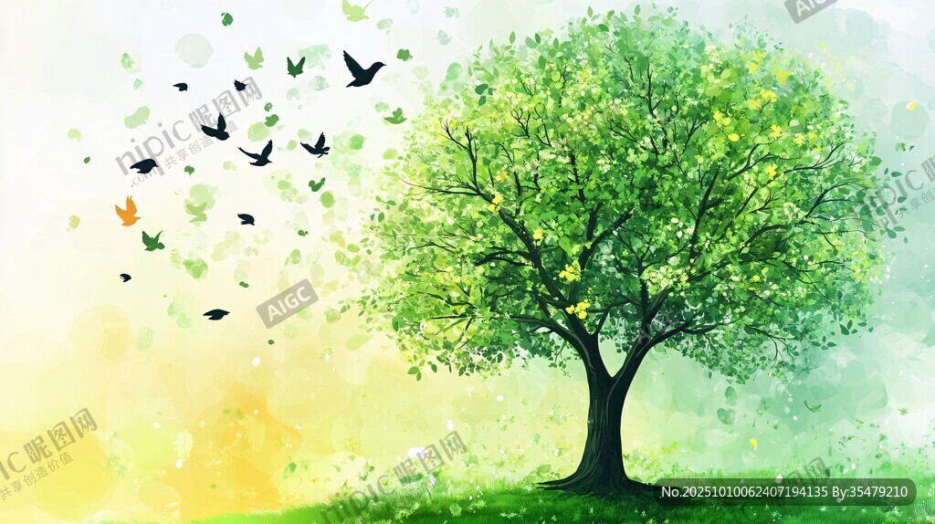 春日绿树飞鸟水彩美景