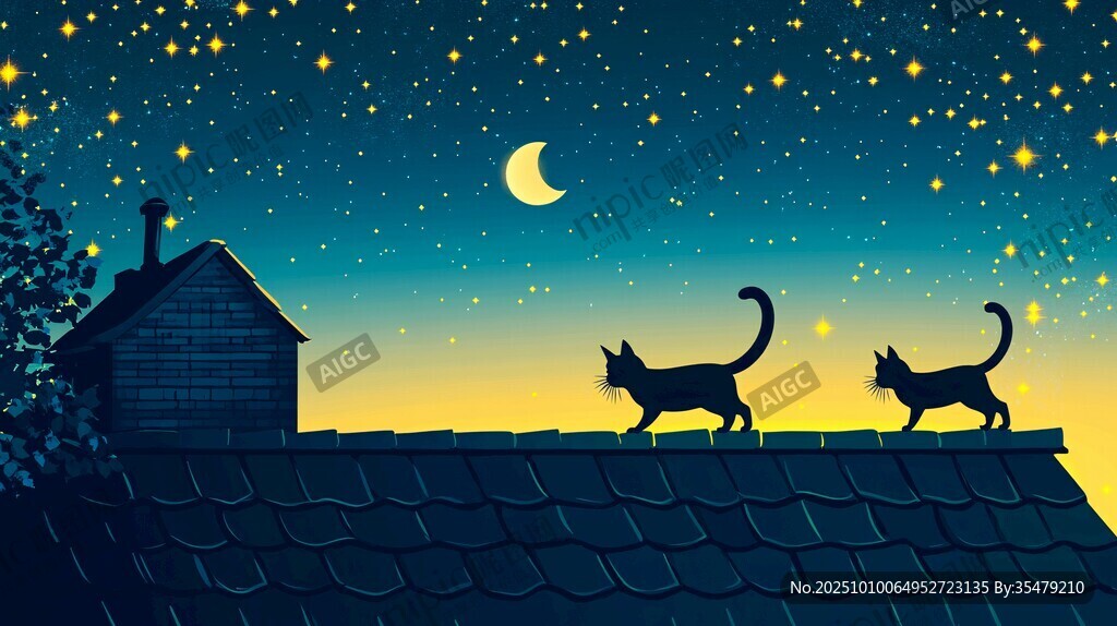 月夜屋顶上的双猫漫步
