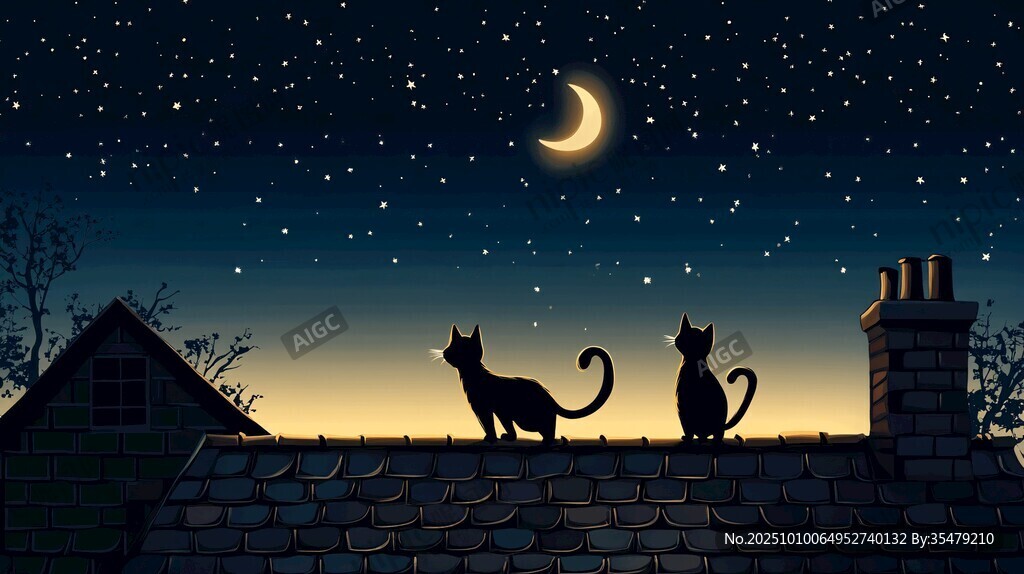 月夜下的双猫屋顶剪影