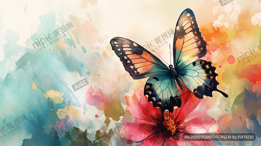 彩蝶栖花水彩梦幻图景