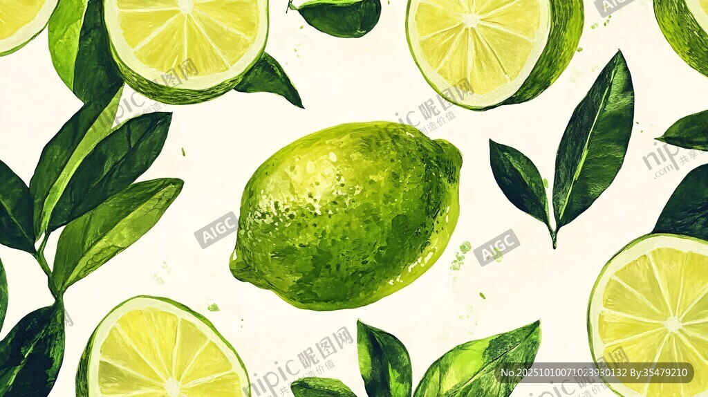 清新水彩青柠与绿叶图案