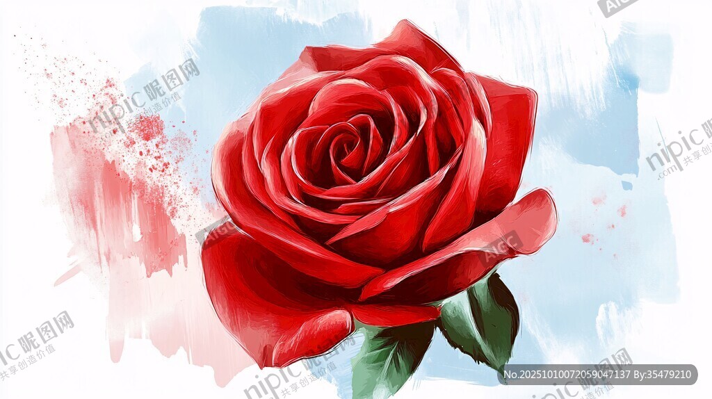 红玫瑰水彩画 浪漫花卉