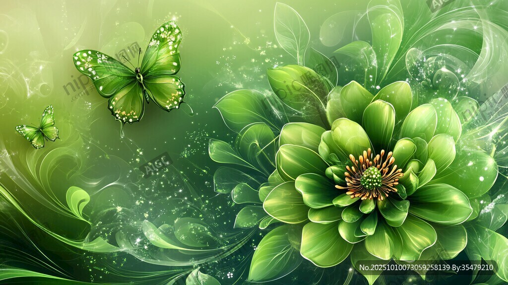 翠绿花卉与灵动蝴蝶背景