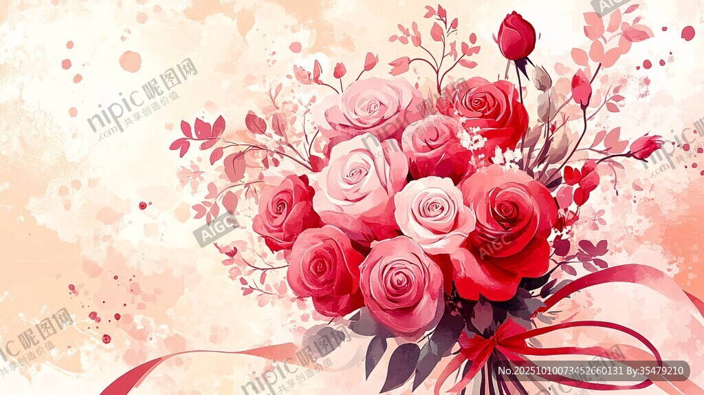 浪漫手绘粉色玫瑰花卉束