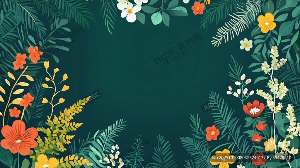 缤纷花卉环绕的清新背景