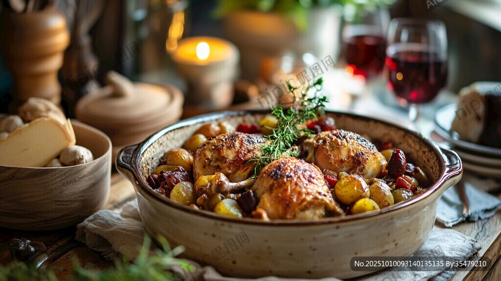 烤鸡佳肴配美酒温馨场景