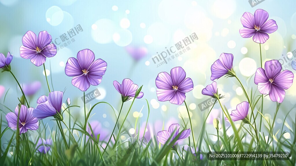 紫色小花绽放于绿意间